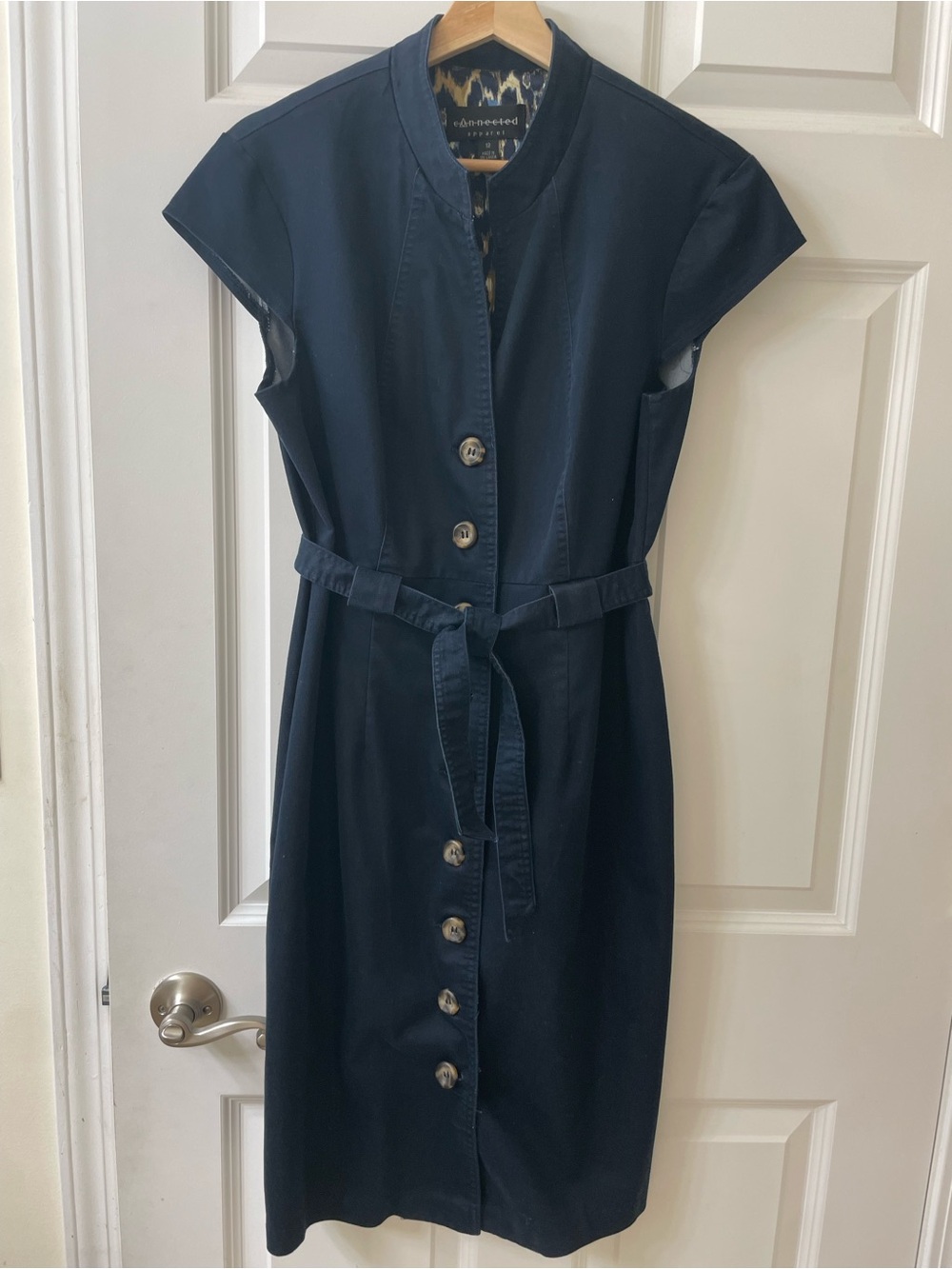 Connected apparel Navy Denim Button-Front Belted Sheath Dress